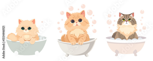 Set of Cute Fluffy Cartoon Cats in Bathtubs with Bubbles Bath Time Vector Illustration Fun Pet Hygiene Animals