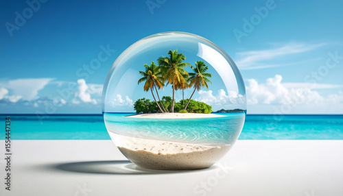 Tropical island scene inside a glass orb, with clear turquoise water and palm trees, set against a vivid blue sky and ocean background.