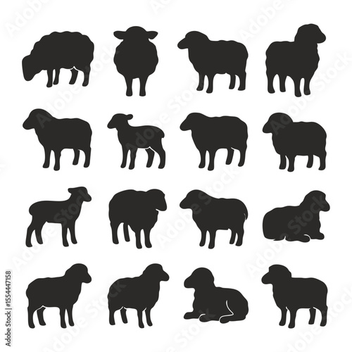 Sixteen sheep silhouettes in various poses, including standing, lying down, and facing forward.