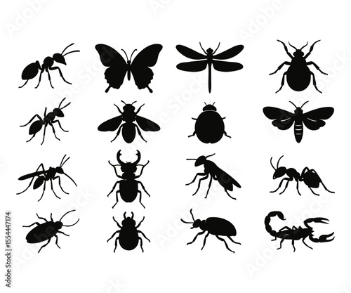 Collection of black insect silhouettes, including ants, butterflies, dragonflies, and beetles.