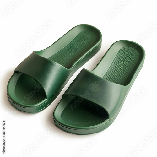 A pair of green rubber slippers with a sleek design, isolated on a white background