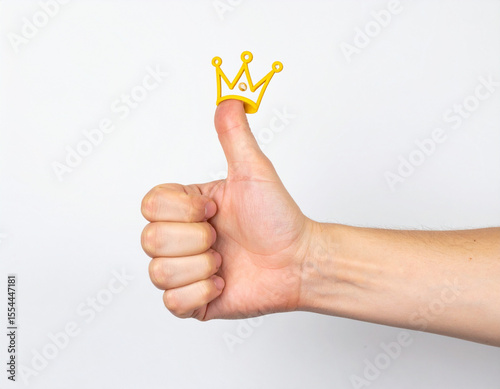 An okay sign is given by a hand wearing a small golden crown on the thumb. The hand is in front of a white background.