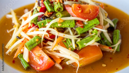 Close up of Som Tam, a popular Thai salad with papaya, tomatoes, long beans, carrots, peanuts and spicy dressing. Served on a white plate.