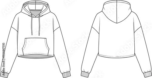CAD drawing flat vector illustration of men’s sweatshirt and jogger pants set, front and back views, stylish loungewear apparel design, technical fashion sketch, garment template layout