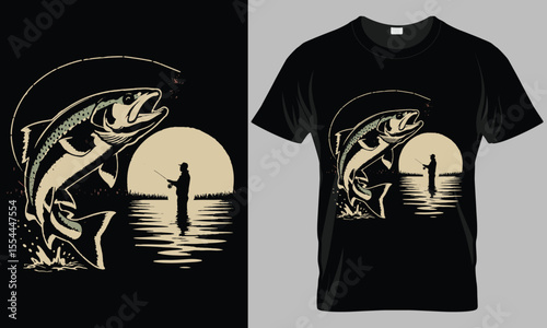  Jumping Fish & Fisherman Silhouette T-Shirt Design - Moonlit Fishing Graphic