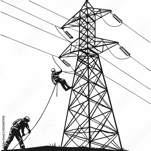 Linemen working on high voltage power lines and transmission tower