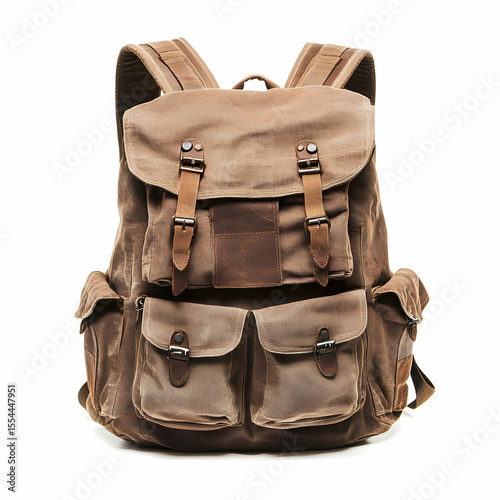 A large brown backpack with multiple pockets, isolated on a clean white background