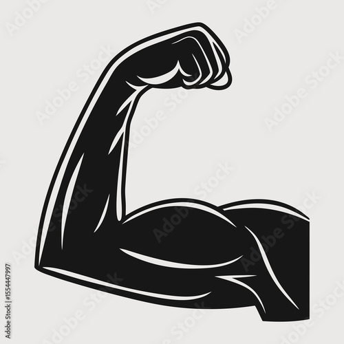 Stylized black and white illustration of a flexed bicep muscle and forearm