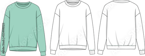 CAD drawing flat vector illustration of sweatshirt design, front and back views, technical fashion sketch, stylish garment template, detailed clothing artwork, fashion apparel layout