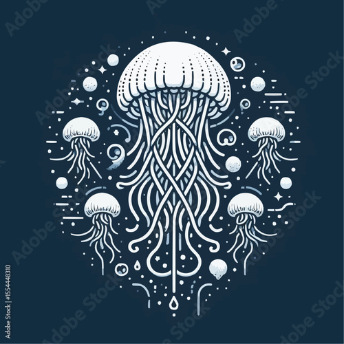 Stylized illustration of jellyfish with flowing tentacles and bubbles, ocean theme
