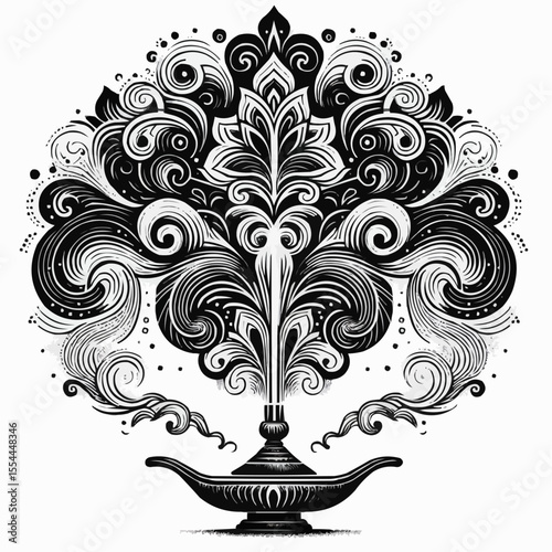 Intricate illustration of a decorative lamp with swirling steam and floral patterns
