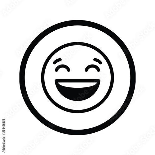 Big happy emoticon smiling face laughing emoji joyful expression positive feedback vector illustration black and white circle icon simple design