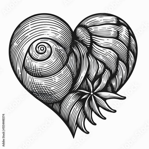 Artistic illustration of a heart-shaped shell with intricate details and patterns
