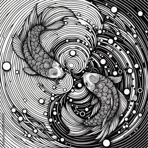 Intricate black and white illustration of koi fish swimming in swirling water patterns