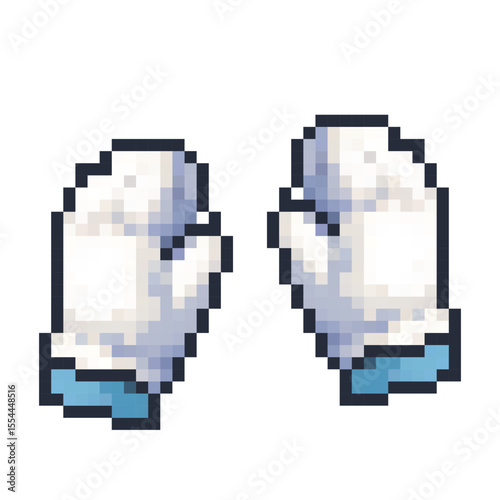 White mittens with blue cuffs depicted in a playful vector style suitable for winter-themed designs and digital applications