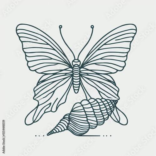 Artistic illustration of butterfly and shell with modern design elements, minimalistic style