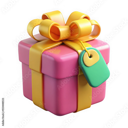 3d render of pink gift box with yellow bow isolated on transparent background