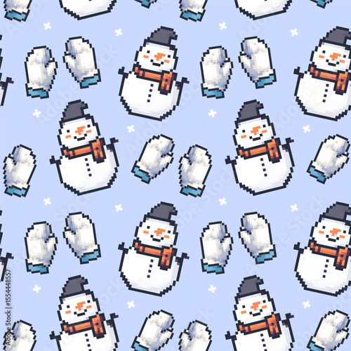 Winter pattern featuring pixelated snowmen and mittens on a light blue background with snowflakes