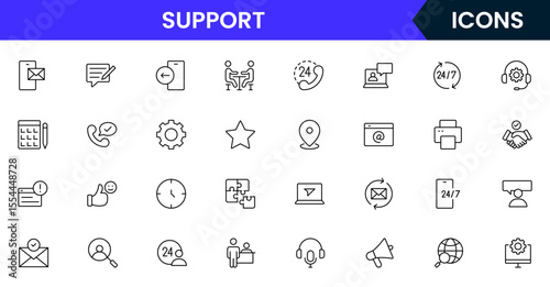 Vector illustration web line icon collection for support: help desk, chat, customer service, and assistance symbols in a friendly, modern, and approachable design style.