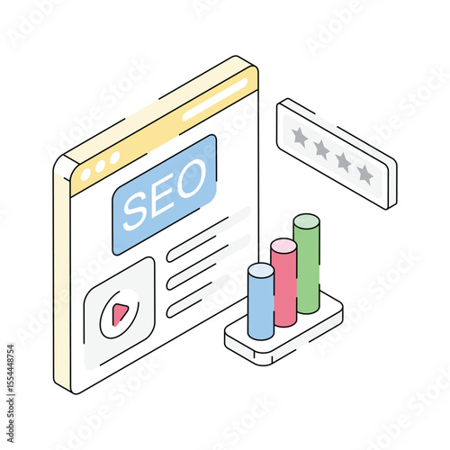 Visually engaging isometric icon depicting advanced seo analysis process