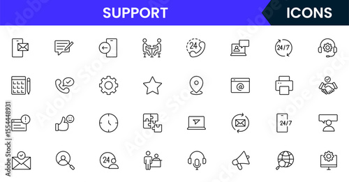 Vector illustration web line icon collection for support: help desk, chat, customer service, and assistance symbols in a friendly, modern, and approachable design style.