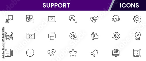 Vector illustration web line icon collection for support: help desk, chat, customer service, and assistance symbols in a friendly, modern, and approachable design style.