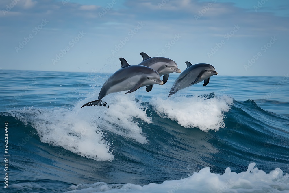 Naklejka premium Three dolphins leaping through ocean waves jumping
