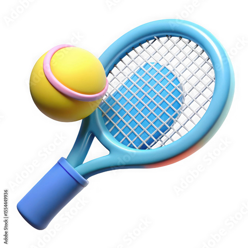 3d render of cartoon tennis racket and ball isolated on transparent background