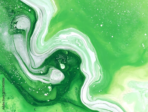 Fluid art green and white swirls