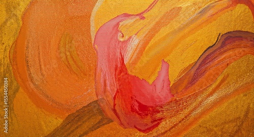 Abstract painting with orange and yellow hues featuring a prominent red brushstroke element design