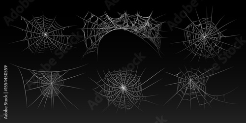 Halloween old spooky cobweb with various sizes and shapes. Old spider web set vector illustration dark gothic decoration for holidays. Corner spider net insect thread cobweb scary frames.