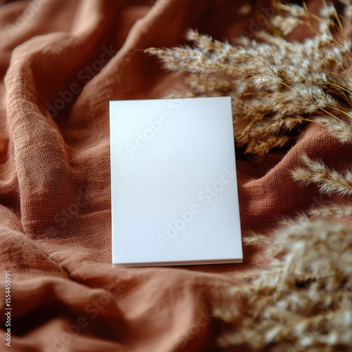 Blank invitation card on terracotta linen textile surrounded pampas grass, Boho wedding invitation card mockup