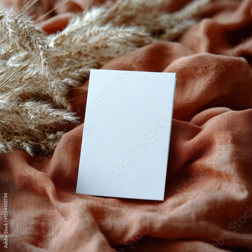 Blank invitation card on terracotta linen textile surrounded pampas grass, Boho wedding invitation card mockup