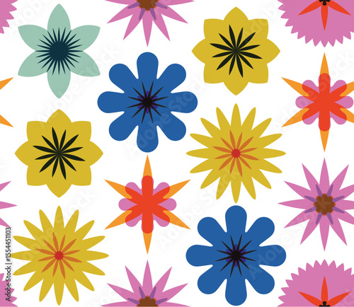 Colorful floral seamless vector pattern creating a lively and vibrant design, featuring various geometric flower shapes and colors, suitable for textile, wallpaper, or other decorative applications