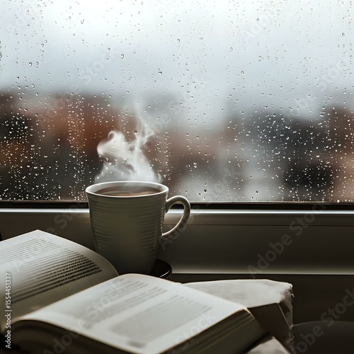 Cozy rainy day scene with a book and steaming coffee by the window.