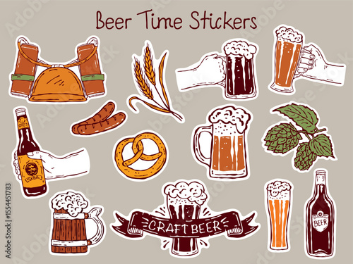 Vector beer sticker pack featuring hand-drawn doodles of beer mugs, cans, bottles, barrels, malt, wheat, and related elements. Perfect for craft beer branding, packaging, menus, and digital projects