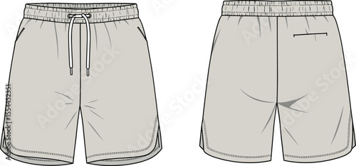 CAD drawing flat vector illustration of athletic shorts, front and back view, drawstring waistband, functional pocket, technical fashion sketch, activewear garment design, clothing template layout