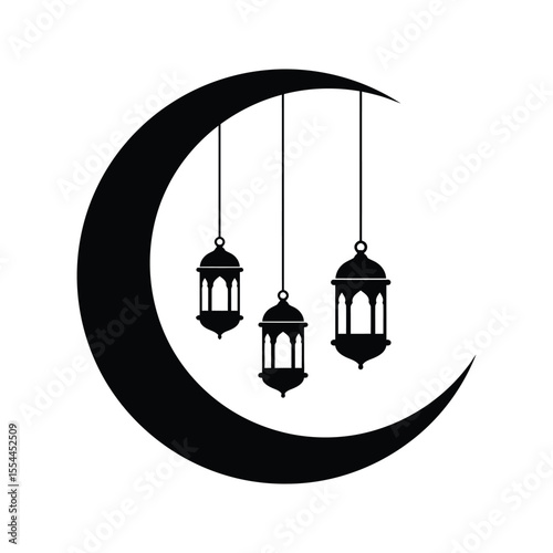 Islamic crescent moon with hanging lanterns Ramadan Kareem Eid alFitr Eid alAdha Muslim festival celebration
