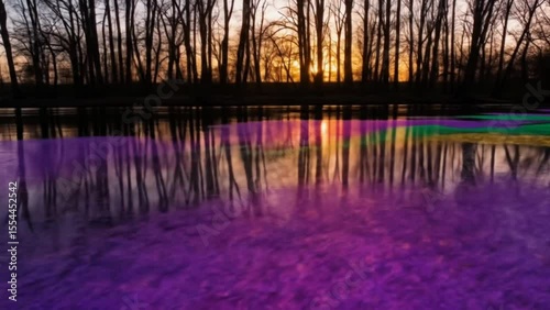 Colorful reflections on purple water surface during sunset in leafless forest with dramatic lighting. Nature and landscape concept
