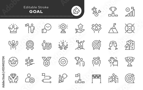 Goal line icon set. Target, achievement, success, victory, winner, prize, award, cup, rewarding, mission, solution, successful, medal and more. Outline icon in linear style. Vector collection.	
