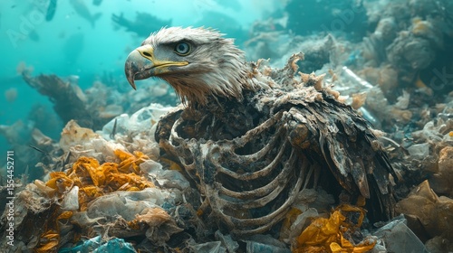 Eagle struggles in plastic waste, showing pollution's wildlife impact