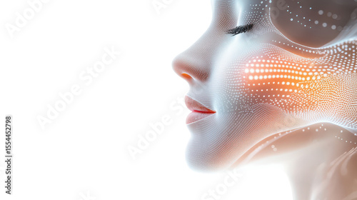 Digital rendering of a futuristic human face with glowing patterns and abstract skin texture for innovation.