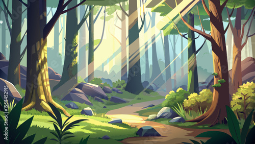 forest, morning, fog, sunlight, sun rays, trees, moss, ground, nature, scenery, landscape, light beam, peaceful, detailed, semi-realistic, green, soft glow, mysterious, quiet, atmospheric, magical, wo