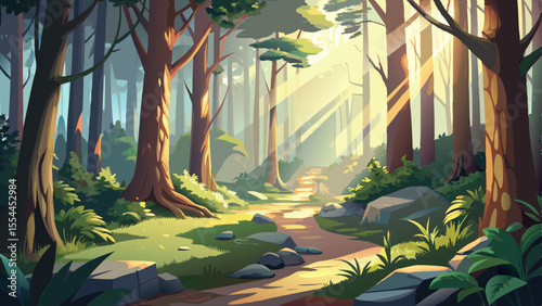 forest, morning, fog, sunlight, sun rays, trees, moss, ground, nature, scenery, landscape, light beam, peaceful, detailed, semi-realistic, green, soft glow, mysterious, quiet, atmospheric, magical, wo