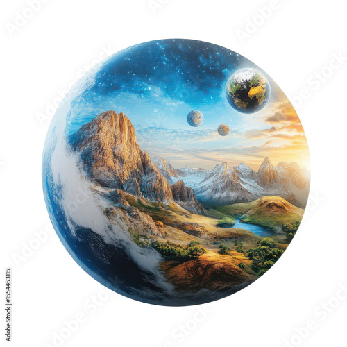 Majestic Planetary Landscape with Vibrant Mountains and Celestial Bodies in a Cosmic Atmosphere