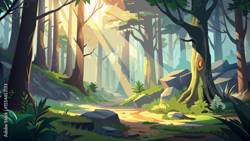 forest, morning, fog, sunlight, sun rays, trees, moss, ground, nature, scenery, landscape, light beam, peaceful, detailed, semi-realistic, green, soft glow, mysterious, quiet, atmospheric, magical, wo