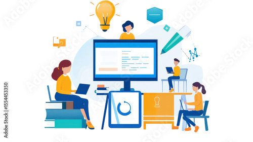Modern Workspace Illustration Featuring People Engaged in Technology and Learning Activities
