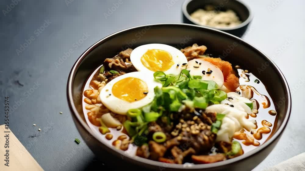 Close-up of warm savory noodle bowl with hard boiled eggs, scallions, and rich broth featuring Japanese Asian culinary traditions