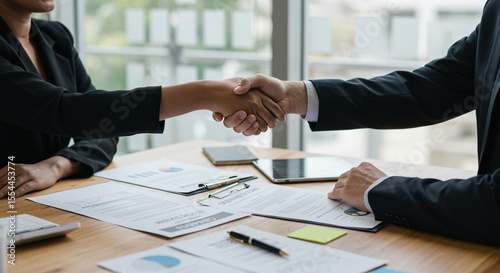 Partnership handshake at the business office table as part of a financial agreement