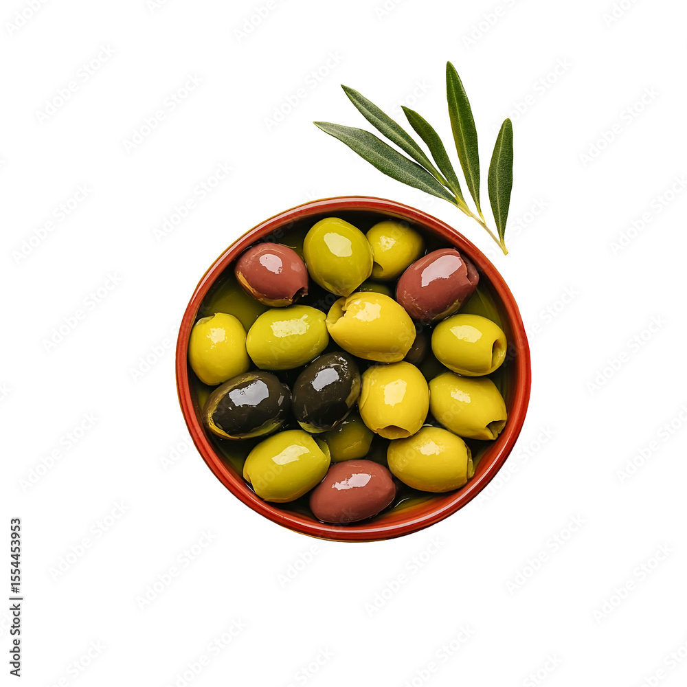 Big Spanish Green and black Olives in an earthenware bowl, olive tree branch on a transparent background. PNG